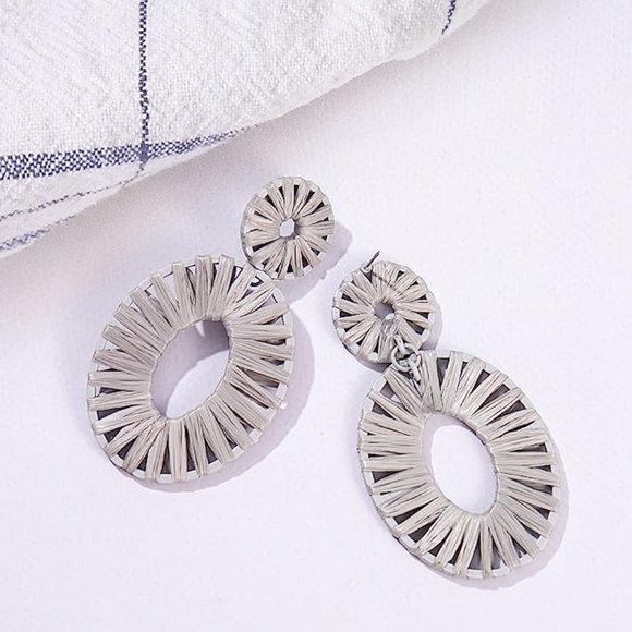 Statement Raffia Earrings Boho Drop Dangle Earrings for Women Handmade F… - Picture 1 of 16